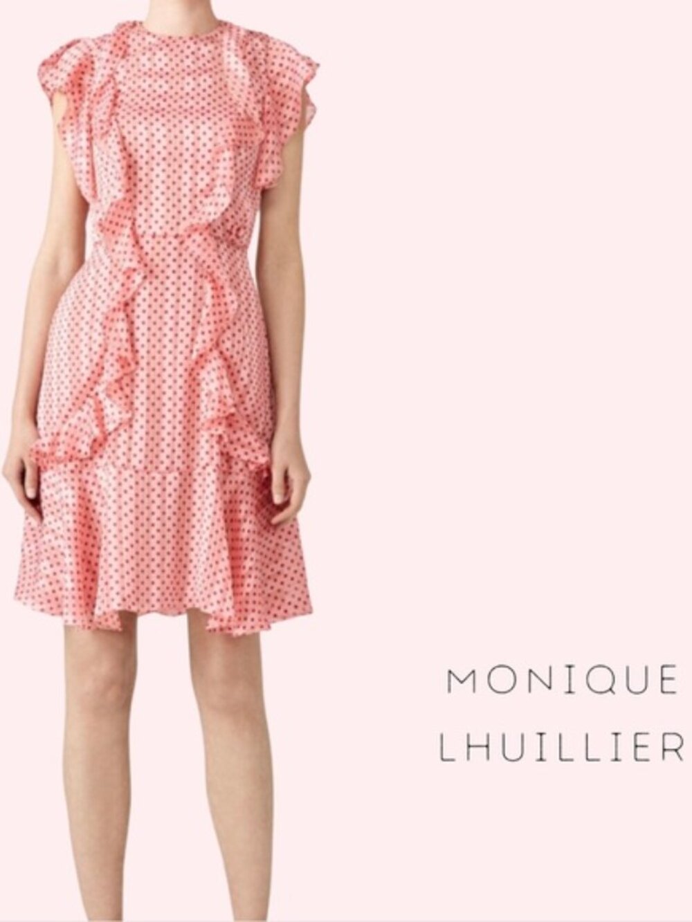 Monique Lhullier Chiffon Mini Dress Pink w/ Red Polka Dots Retro Dainty Ruffles